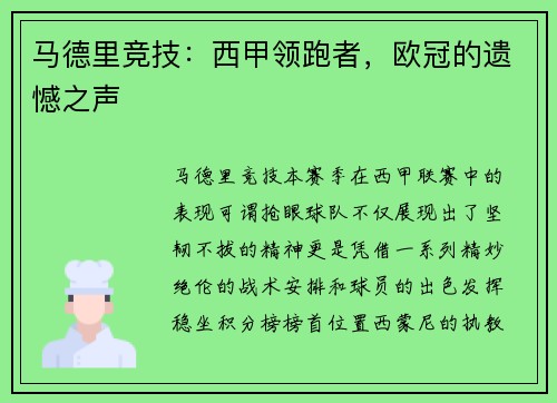马德里竞技：西甲领跑者，欧冠的遗憾之声