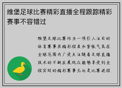 维堡足球比赛精彩直播全程跟踪精彩赛事不容错过